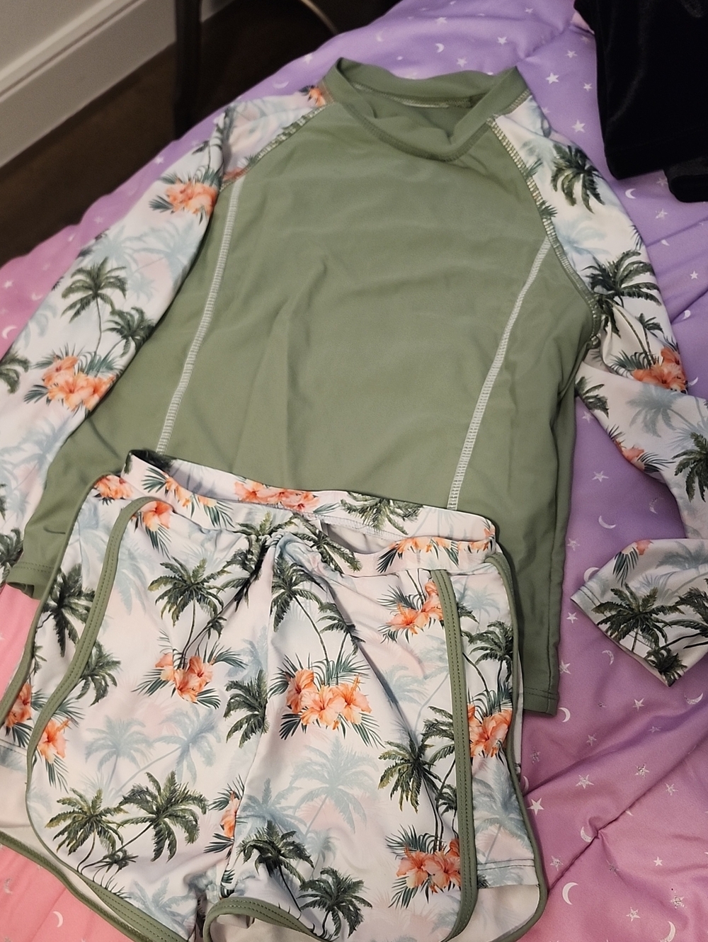 Kids Olive Green Rash Guard & Tropical Palm Swim Set